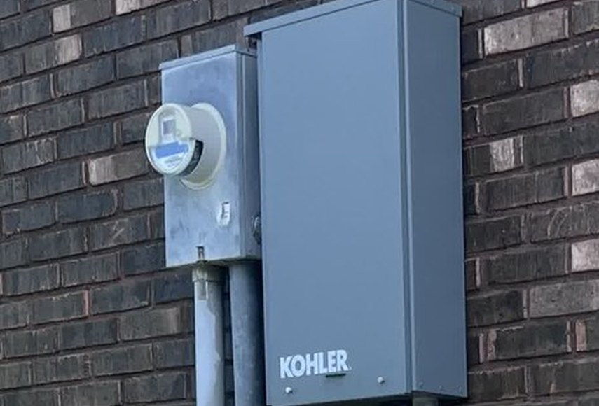 Kohler automatic transfer switch and meter socket mounted on a home exterior wall